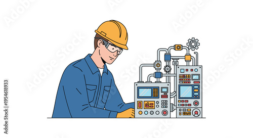 A male engineer in a hard hat and safety glasses inspects a complex industrial machine on a white background.
