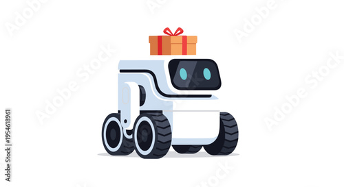 A white futuristic delivery robot carries a red gift box on its top on a white background.