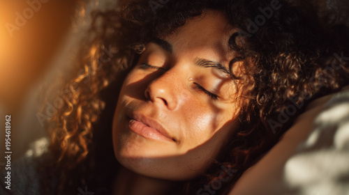 serene young woman sleeping peacefully in a bright bedroom with warm morning sunlight, beautiful and calm facial expression during restful sleep, wellness and mental health concept