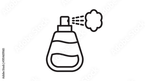 Spray bottle icon with dispensing mist clouds, simple line art for cosmetic or cleaning product applications, perfect for digital design.