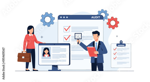 A male auditor examines a digital checklist on a screen with a magnifying glass while a female colleague stands next to a profile monitor.