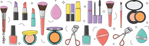 Beauty and cosmetics vector illustration set featuring makeup brushes lipstick nail polish eyelash curler and powder for salon