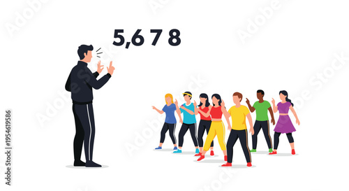 A male instructor in a black tracksuit teaches six diverse students in activewear, with numbers 5, 6, 7, 8 floating above them on a white background.