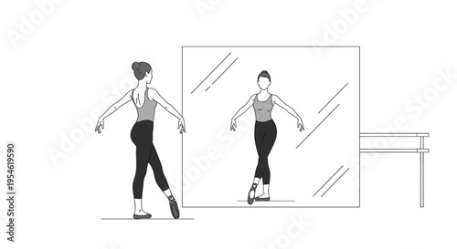 A ballerina in a tank top and leggings practices a ballet pose in front of a mirror, with a barre partially visible, against a plain white background.