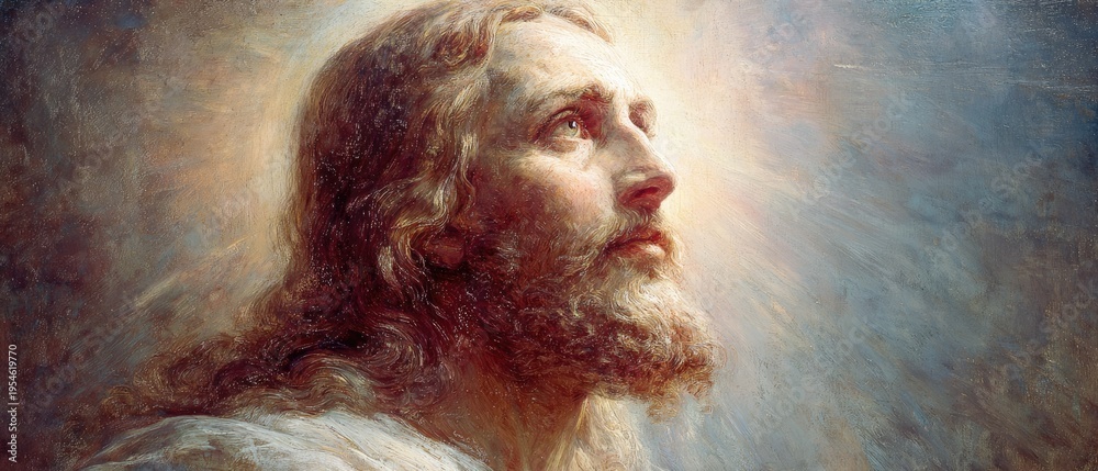 Obraz premium face of Jesus Christ in divine light, with a halo on a white background with a large empty space. Classical oil painting style symbolizing faith, salvation, hope and the spiritual presence of God