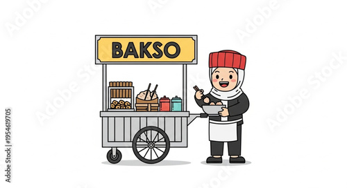 Indonesian Bakso Seller with Cart Serving Delicious Meatball Soup.
