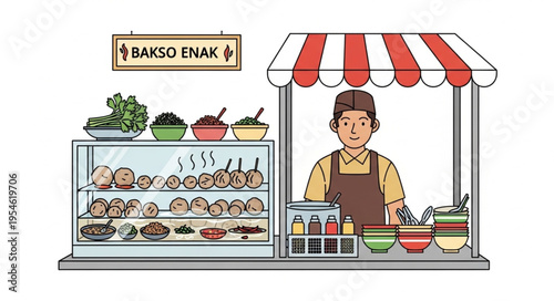 Indonesian Bakso Stall - A Culinary Delight with a Friendly Vendor and Delicious Food.