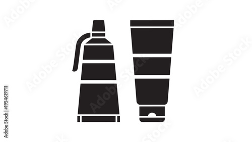 Two black simplified icons of tubes, one with a cap and handle, representing cosmetic or medicinal packaging for cream or paste.