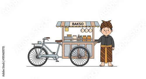 Indonesian Bakso Seller with Traditional Attire and Bicycle Cart.