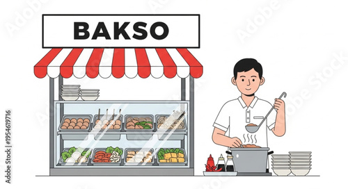 Indonesian Bakso Stall - A Culinary Scene with a Chef Preparing Delicious Noodles.