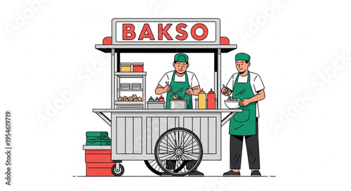 Indonesian Bakso Street Food Cart with Two Chefs Serving Customers.