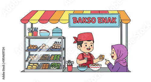 Indonesian Bakso Stall - A Culinary Scene with Vendor and Customer Interaction.