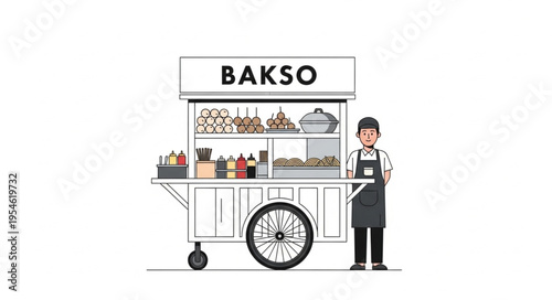 Indonesian Bakso Street Food Cart with Vendor Standing Ready to Serve Customers.