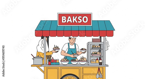 Indonesian Bakso Street Food Stall with Chef Serving Delicious Meatballs.