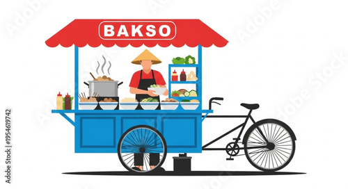 Indonesian Bakso Street Food Vendor on a Bicycle Cart, Ready to Serve.