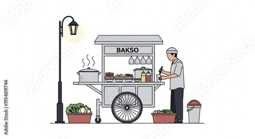 Indonesian Bakso Street Food Cart with Vendor Preparing Delicious Meal.