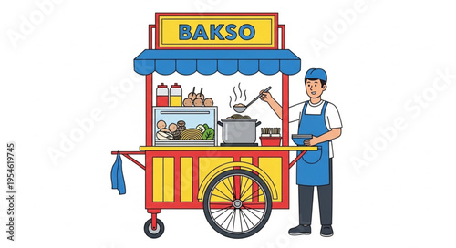 Indonesian Bakso Street Food Vendor Preparing Delicious Meatball Soup.