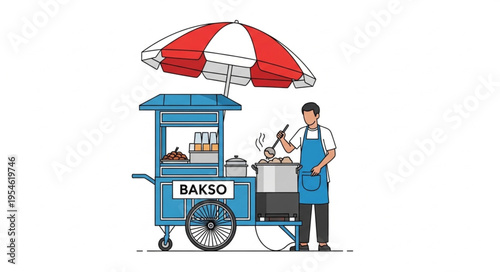 Indonesian Bakso Street Food Cart with Vendor Preparing Delicious Meal.