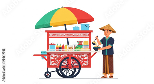 Colorful food cart with a vendor serving delicious meals in the street.