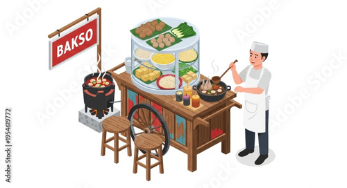 Indonesian Bakso Street Food Vendor Preparing Delicious Meatballs for Customers.