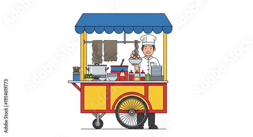 Colorful food cart with chef preparing delicious meals for customers to enjoy.