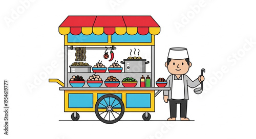 Colorful food cart with chef ready to serve delicious meals to customers.