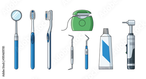 A collection of eight dental hygiene tools is neatly arranged in a row on a plain white background.