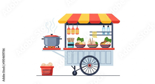 Colorful food cart with various dishes and cooking equipment, ready to serve.