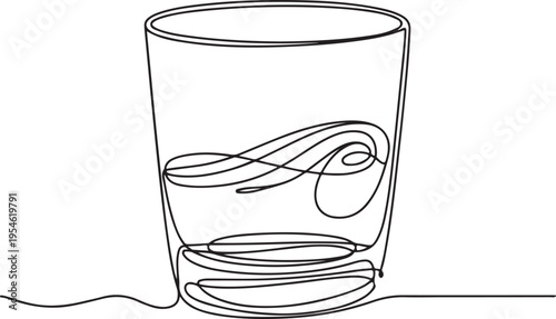 Simple yet elegant single line drawing of a clear glass filled with water, artfully depicting waves inside