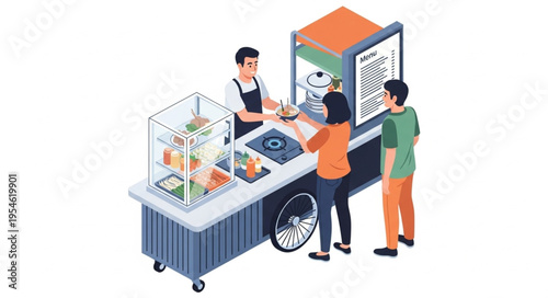 Customers ordering food from a street food vendor at a mobile food cart, ready to serve.