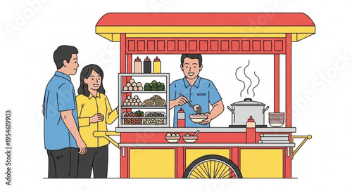 Customers ordering food from a street vendor at a food stall.