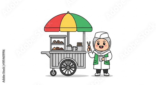 Cute cartoon illustration of a street food vendor with a colorful umbrella cart.