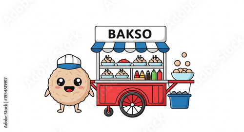 Cute Bakso Meatball Character with a Food Cart and Signage.