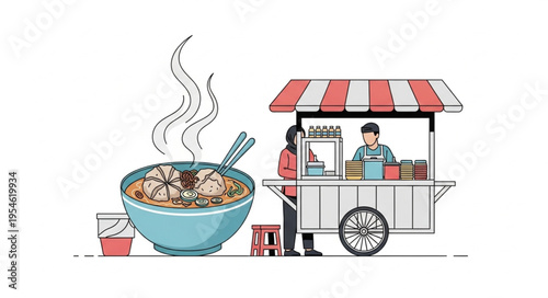 Delicious bowl of noodles with steam and street food cart illustration.