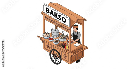 Detailed illustration of a traditional Indonesian Bakso food cart with a vendor.