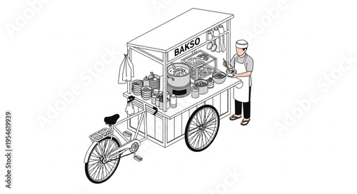 Detailed illustration of a traditional Indonesian street food cart with a vendor.