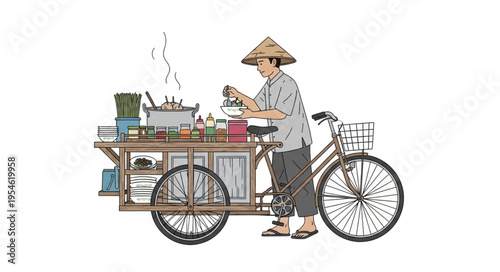 Elderly street vendor preparing food on a bicycle cart, traditional scene.