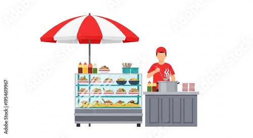 Food vendor with red and white umbrella selling various delicious food items.