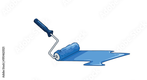 A blue paint roller applies a vibrant blue puddle of paint onto a white surface.
