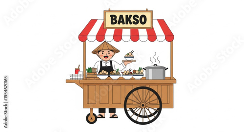 Indonesian Bakso Cart - A Culinary Delight on Wheels, Street Food Vendor.