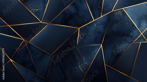 A luxury abstract polygonal pattern with dark blue and gold tones, featuring sharp facets and elegant geometric contrast.