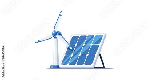A white and blue wind turbine stands next to a blue solar panel array on a white background.