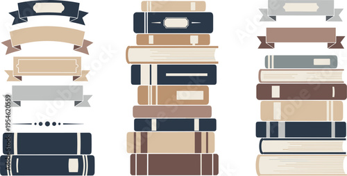 Vintage stack of books vector illustration set with decorative ribbon banners and scrolls for library education and literature
