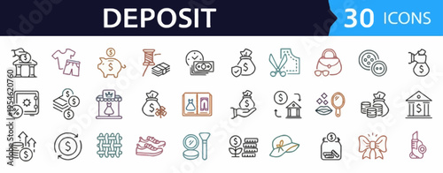 Diverse icon set showcasing essential financial concepts for deposits, savings, investments, and wealth management, perfect for banking and economic visuals