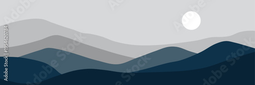 Abstract landscape poster. Nature wall decor contemporary art print, mid century mountain background, minimalist blue hills vector illustration.