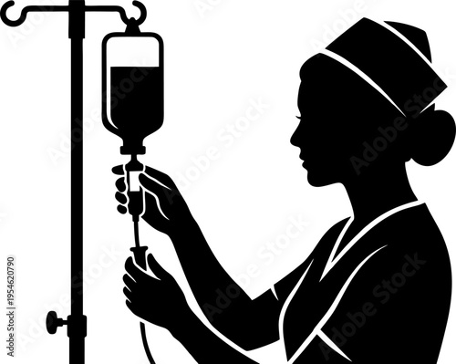 Nurse Silhouette Adjusting IV Drip Bag and Infusion Tube Vector Illustration