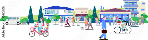 多様な人々が共生する、明るくクリーンな街並みと福祉のフラットイラスト（コピースペース、レイヤー整理済、編集可能）