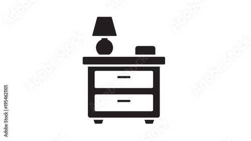 Nightstand with lamp and a book icon, simple minimalist design with two drawers and legs. featuring bedside table, furniture, illustration with