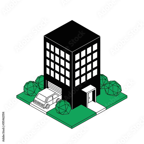 A black office building with a car parked outside.