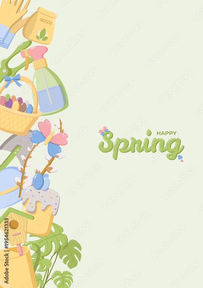 Fototapeta premium Cheerful spring illustration with vertical row of gardening gloves, seed packet, spray bottle, Easter basket with eggs, flowers, blossoms, cake, birdhouse, and foliage, with HAPPY Spring text in green